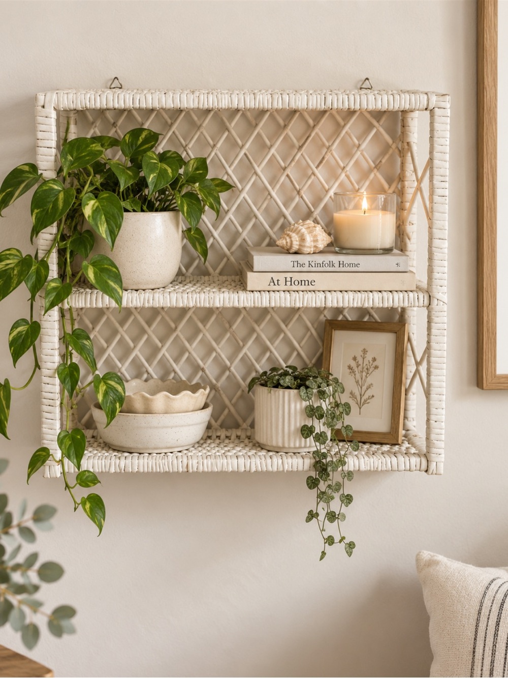 Vintage White Wicker Rattan 2-Tier Wall Shelf Boho Coastal Cottage Decor